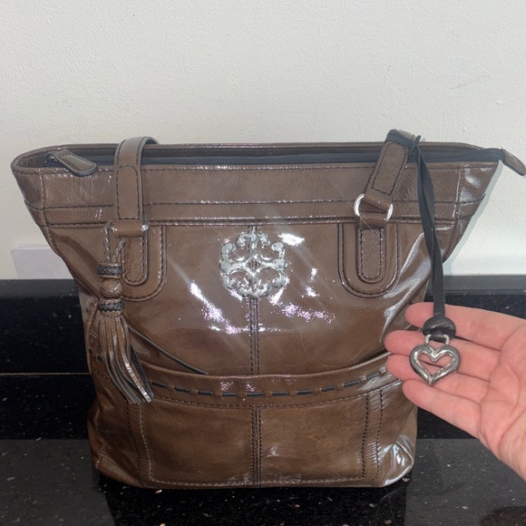 Brighton Vintage Patent Leather Brown Hand Bag with Tassel and Heart Charm - Picture 2 of 9